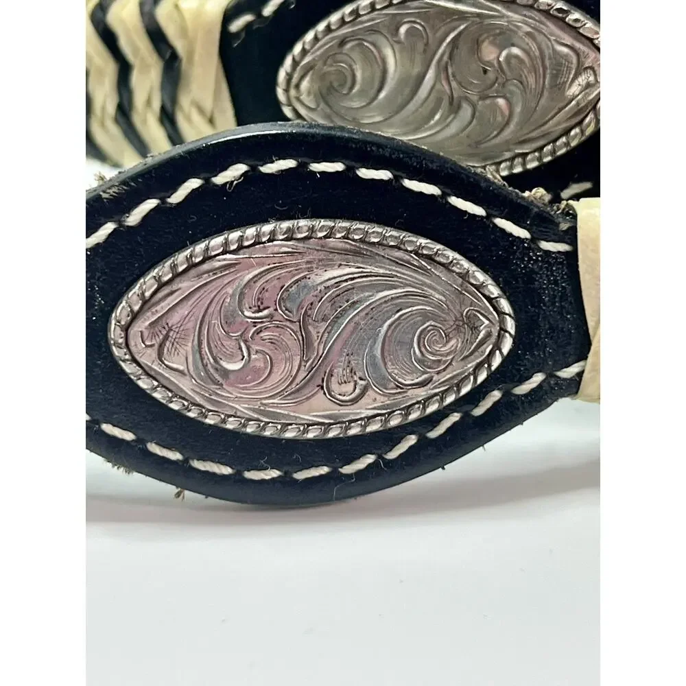NOCONA 34” Concho Belt Silver 14K Gold Fill on Hand Tooled Leather Belt VTG READ